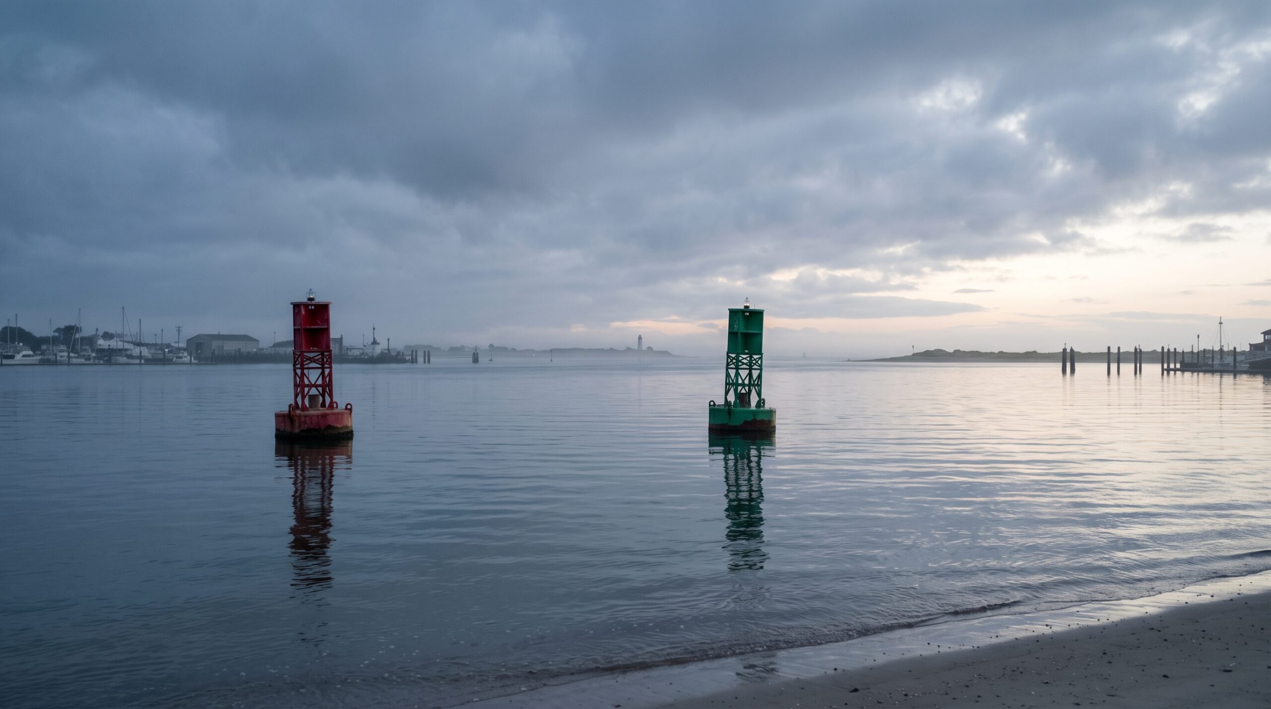 Two channel markers guiding safe passage into harbor