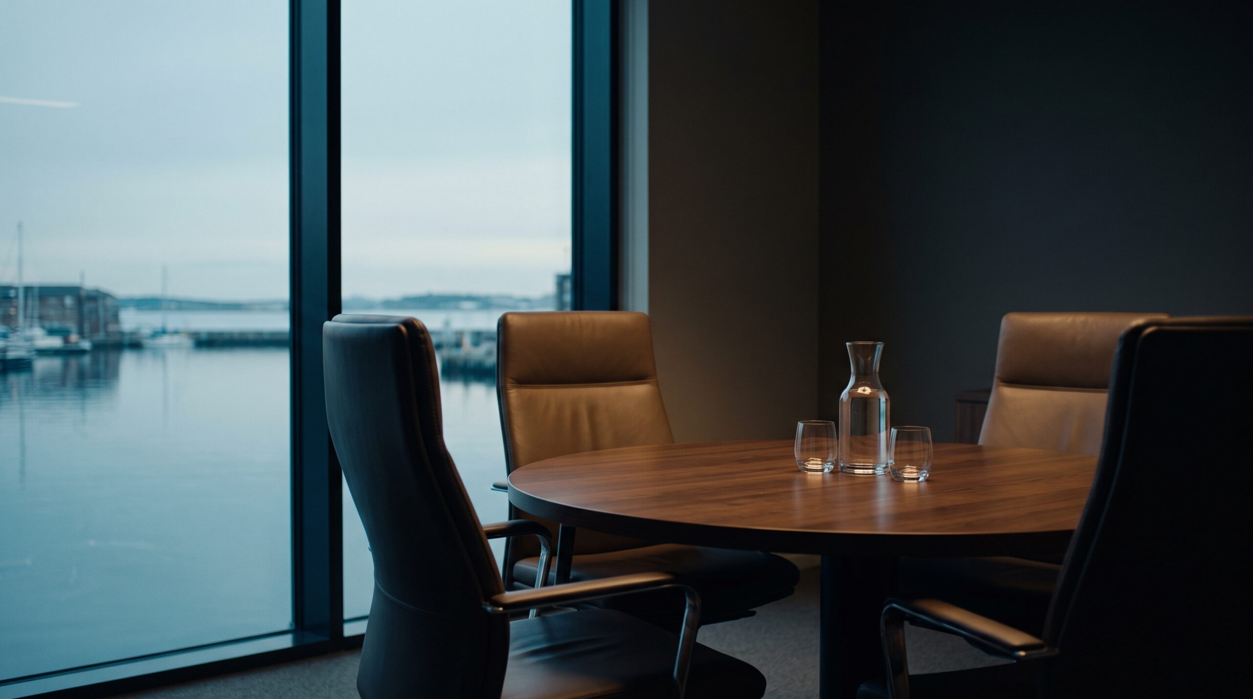 A prepared private mediation room with a round walnut table and leather chairs in warm light, a calm and safe setting where both parties are heard