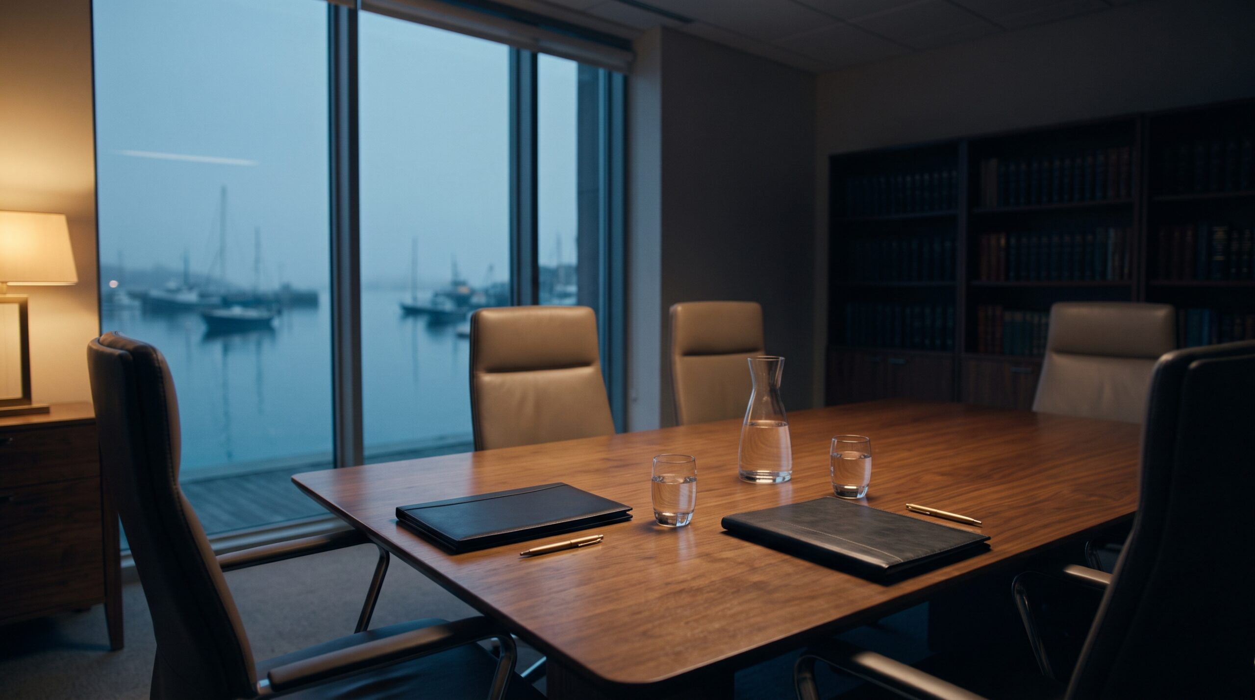 Warmly lit private mediation table set and ready before a session, suggesting a calm, prepared space where both sides will be heard