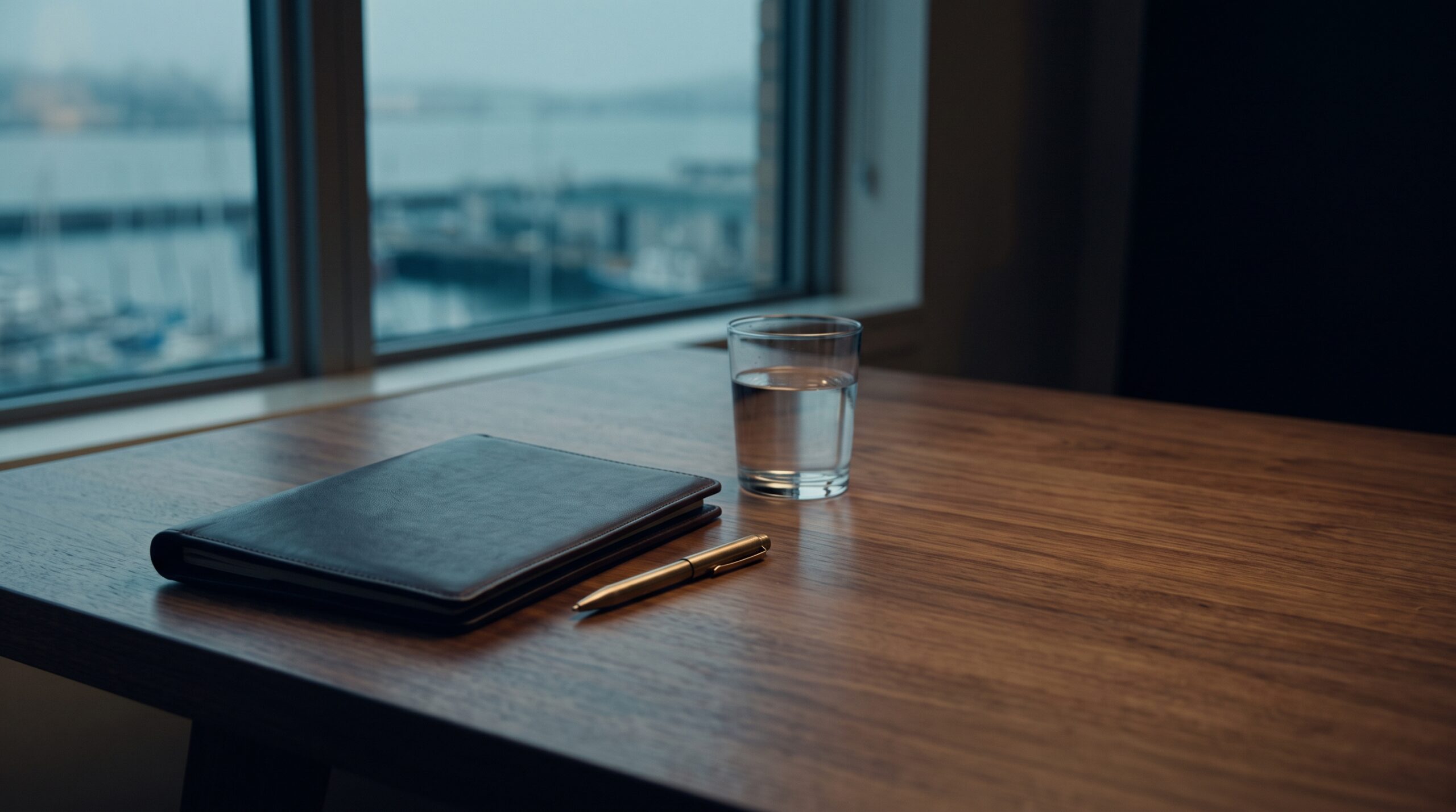 Calm, warmly lit tabletop detail suggesting the measured cost and value of resolving a dispute through private mediation instead of litigation